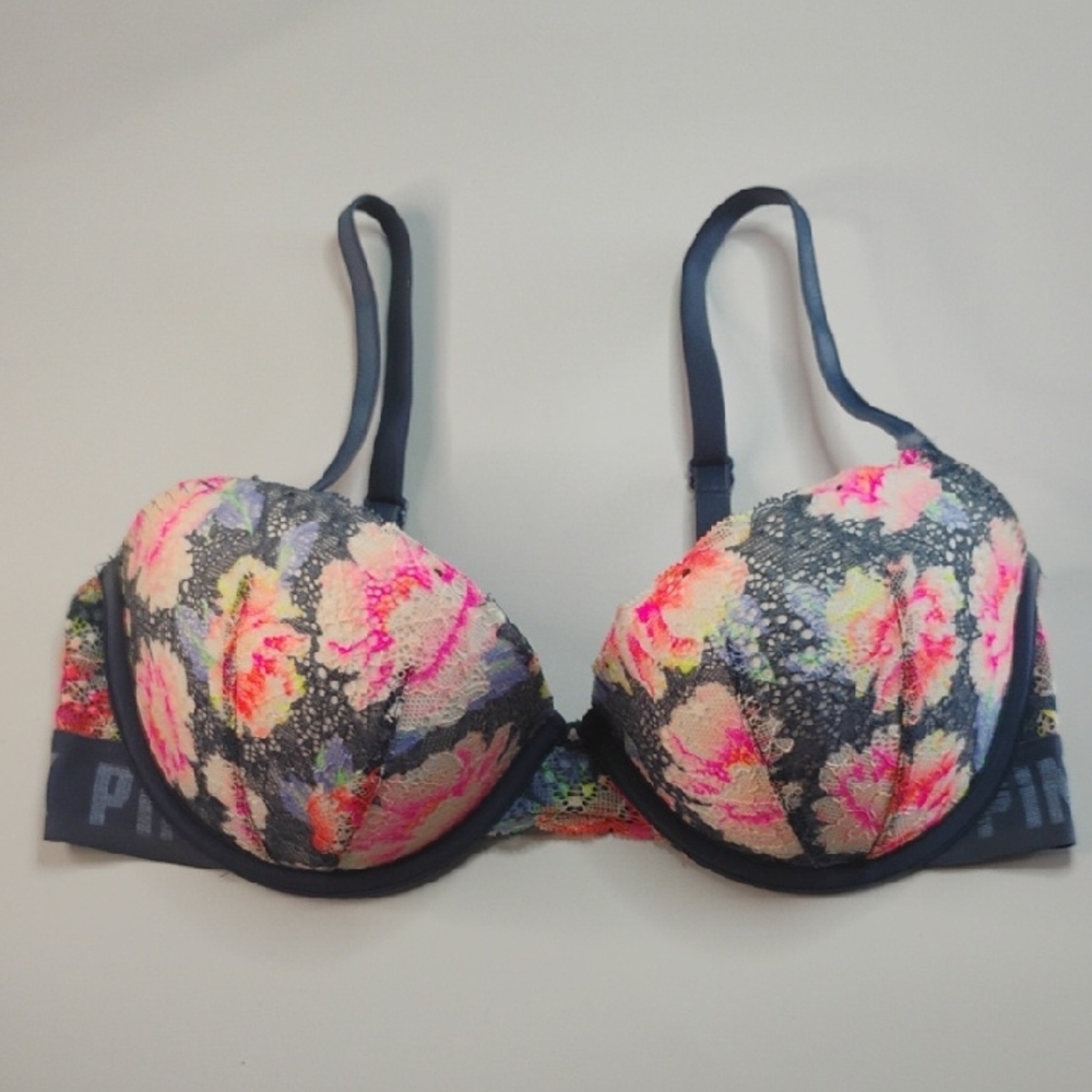 Victoria's Secret Floral Lace Blue w/ Pink Date Push Up Bra Size 34D / D75 Sexy